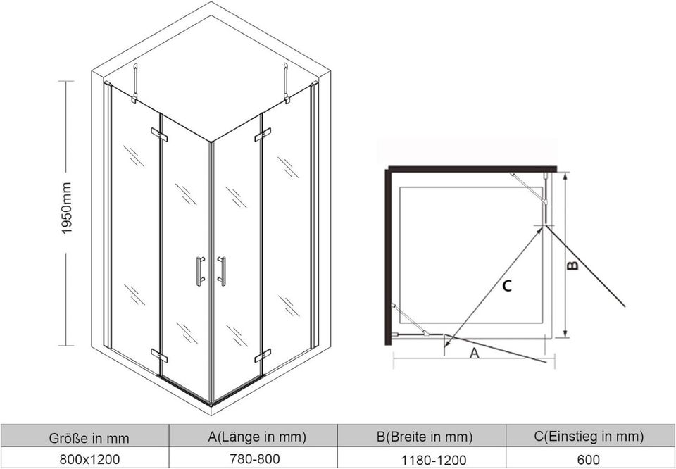 120x80x195cm Duschkabine Eckeinstieg Duschabtrennung Glas Tür A34 in Hamburg