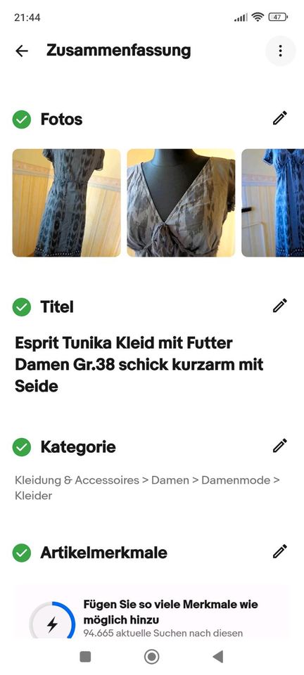 Esprit Kleid Tunika mit Futter gr.38 Seide Kurzarm in Heyerode
