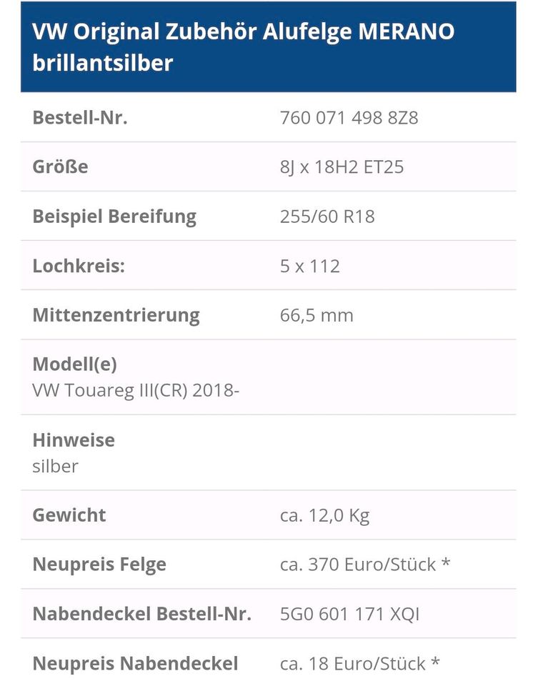 Alufelgen Winterreifen 18 Zoll original VW Touareg 3. 255/60 R18 in Hamburg