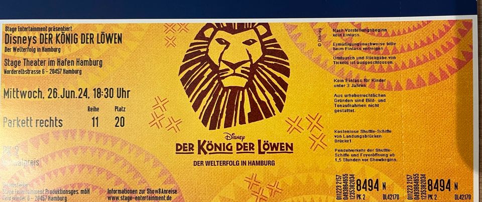 2x Disneys der König der Löwen Musical Hamburg 26.06.24 18:30 in Freisen
