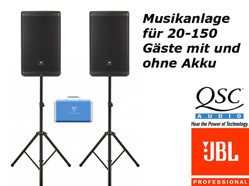 MIETEN: PA-Anlage, Musikanlage, QSC/JBL PA-Lautsprecher SET 1, Akku Bluetooth Boxen, Soundboks, PA-System mit Powerstation Akku, Aktivboxen, Monitor-Boxen, Subwoofer /// Verleih /// RENTAL Service in Berlin