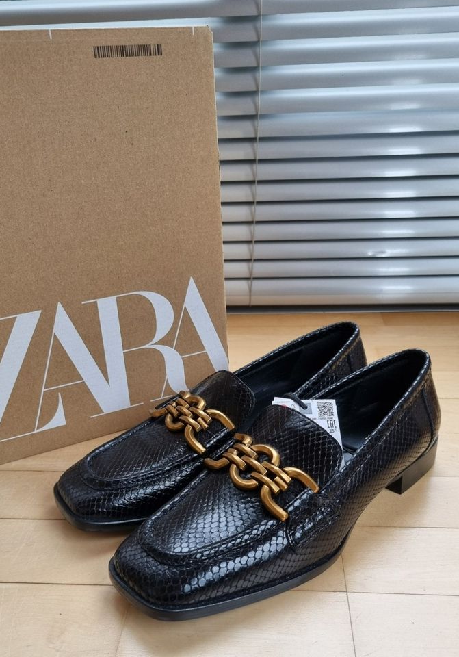 *ZARA* Echt Leder Mokassins Reptil Schwarz Gold 39 NP69,95€ NEU! in Ingolstadt