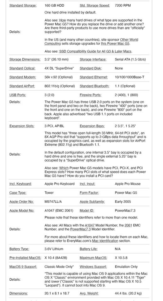 Apple Power Macintosh G5 2.0 DP (PCI) Specs in Northeim