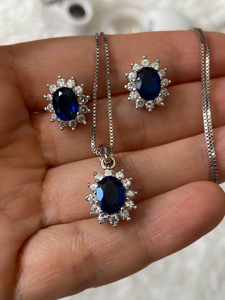 925 Silber set Kette Anhänger Ohrringe blau Stein kein 333,585 in Waiblingen