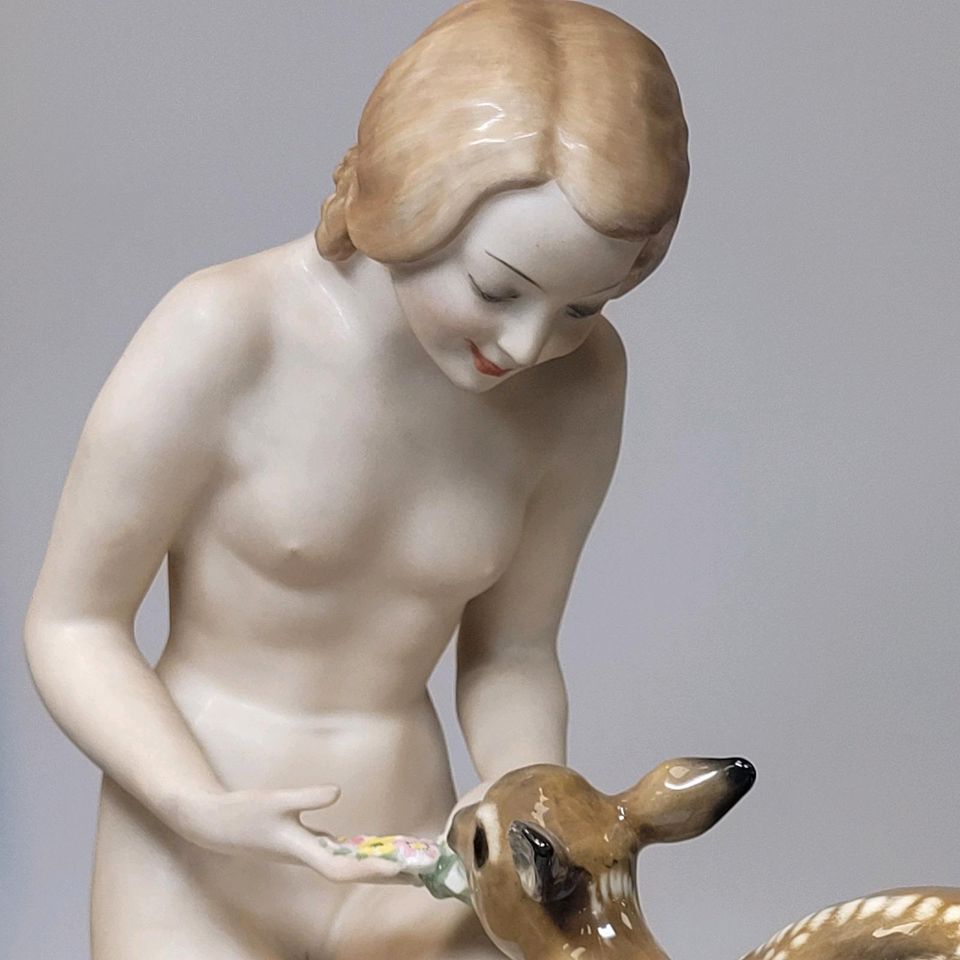 ❤Antike Hutschenreuther Art Deco Porzellanfigur Nackte mit Reh in Essen