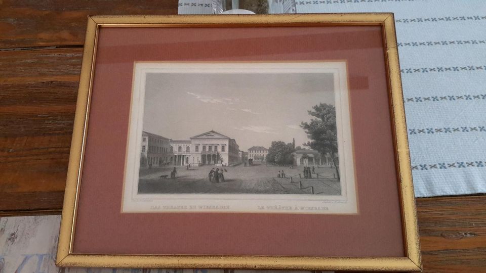 Stahlstich von 1850 - Das Theater zu Wiesbaden - gerahmt in Ratingen