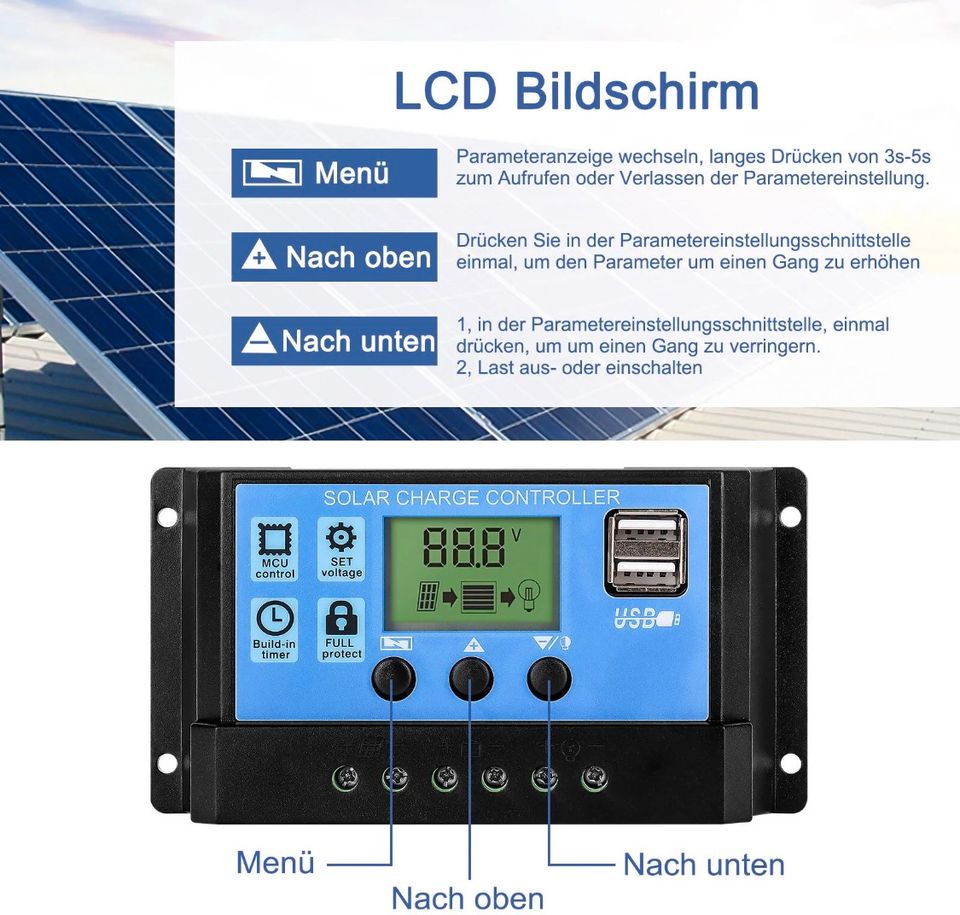 Solar Laderegler 30A PWM Solar Photovoltaik Regler USB 12V 24V in Bebra