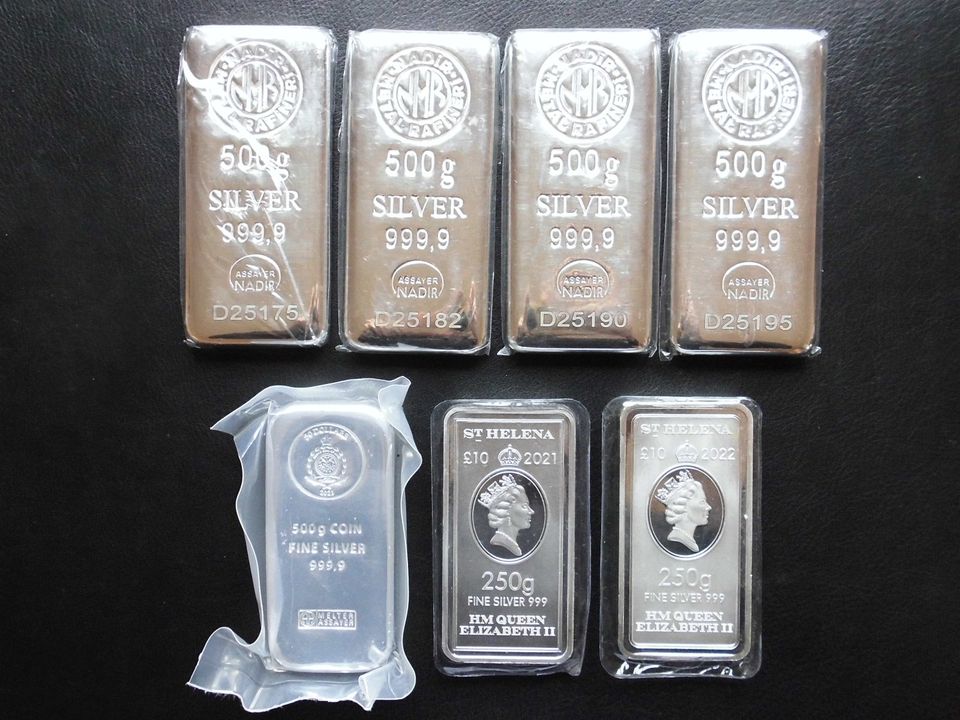 7 Silberbarren 999.9 (5x 500g + 2x 250g (=96 Oz bzw. 3kg) 3300€ in Heimsheim