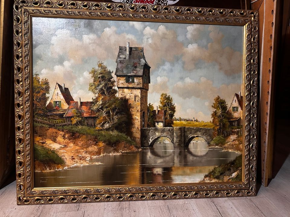 Gemälde Andreas Bone goldenem Rahmen Burg Fluss Landschaft 90x70 in Freudenberg