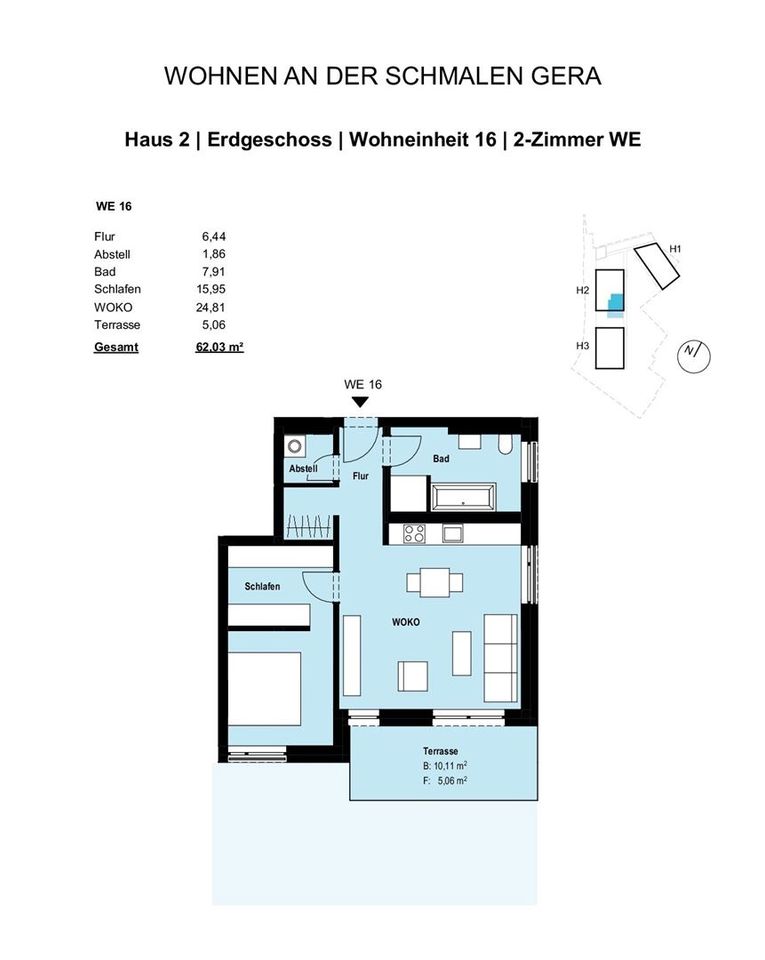 Traumhafte 2-Zimmer-Wohnung mit Ankleide, Fußbodenheizung und Terrasse in Erfurt