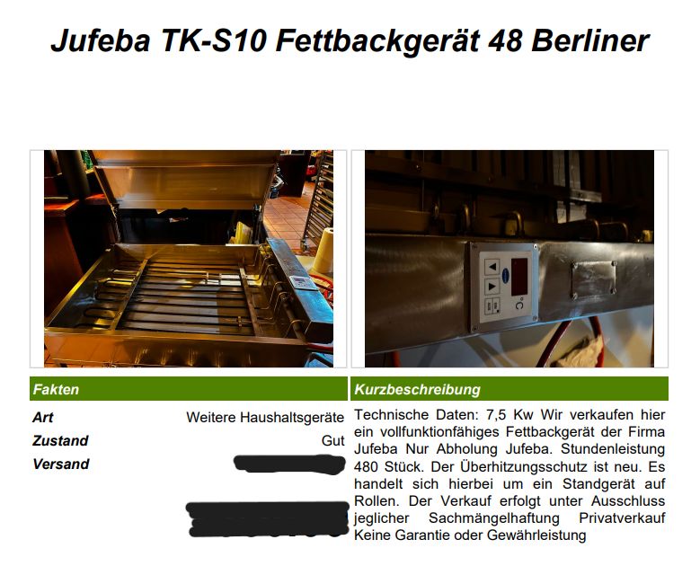 Jufeba TK-S10 Fettbackgerät 48 Berliner für Gastronomie in Essen