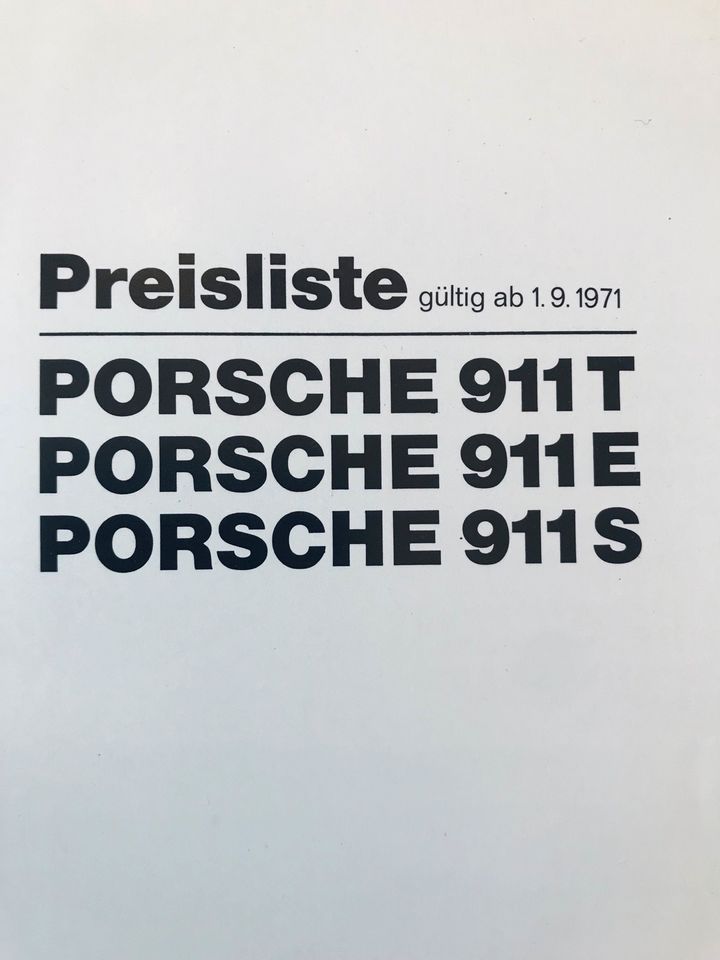 Preisliste VW Porsche 911 T / 911 E / 911 S gültig ab 1.9.1971 in Nürnberg (Mittelfr)