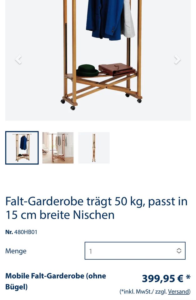 Falt-Garderobe trägt 50 kg, passt in 15 cm breite Nischen in Schweinfurt