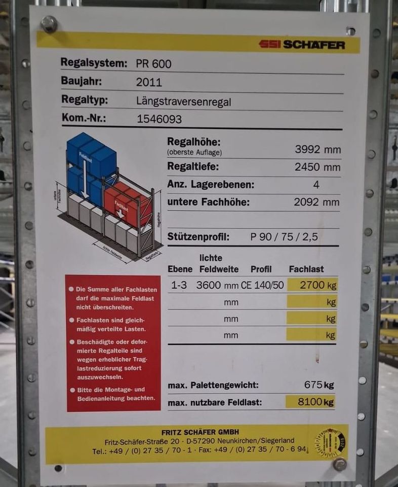 SSI Schäfer PR 600 Palettenregal  22 Meter Lagerregal Höhe 4700 m in Borken