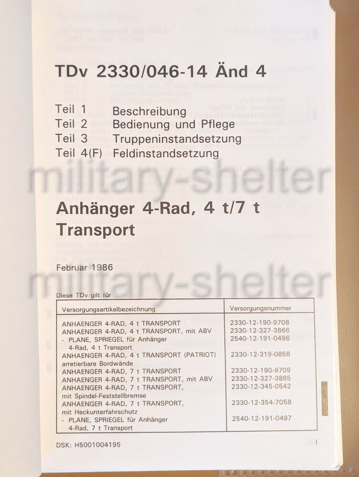 TDv / Anhänger 4-Rad 4+7 t / Bundeswehr / 2330/046-14 / Teile 1-4 in Mühlhausen