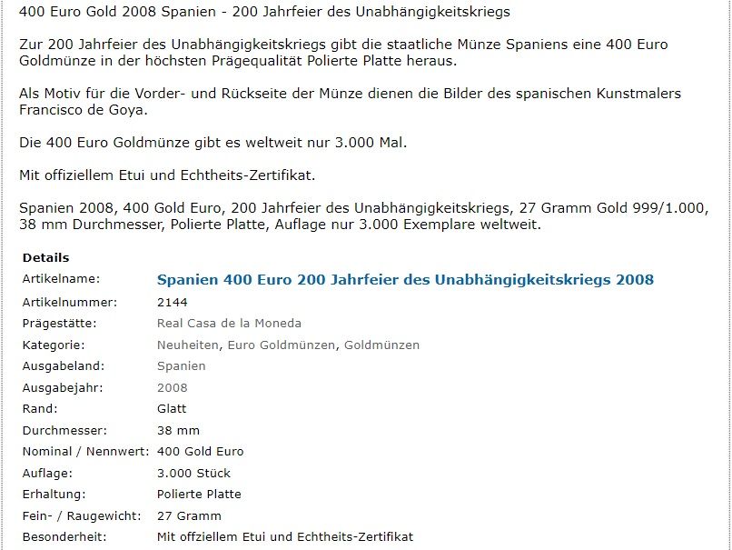 400 € Goldmünze 27g /2008 /200 Jahrfeier Sp. Unabhängigkeitskrieg in Marburg