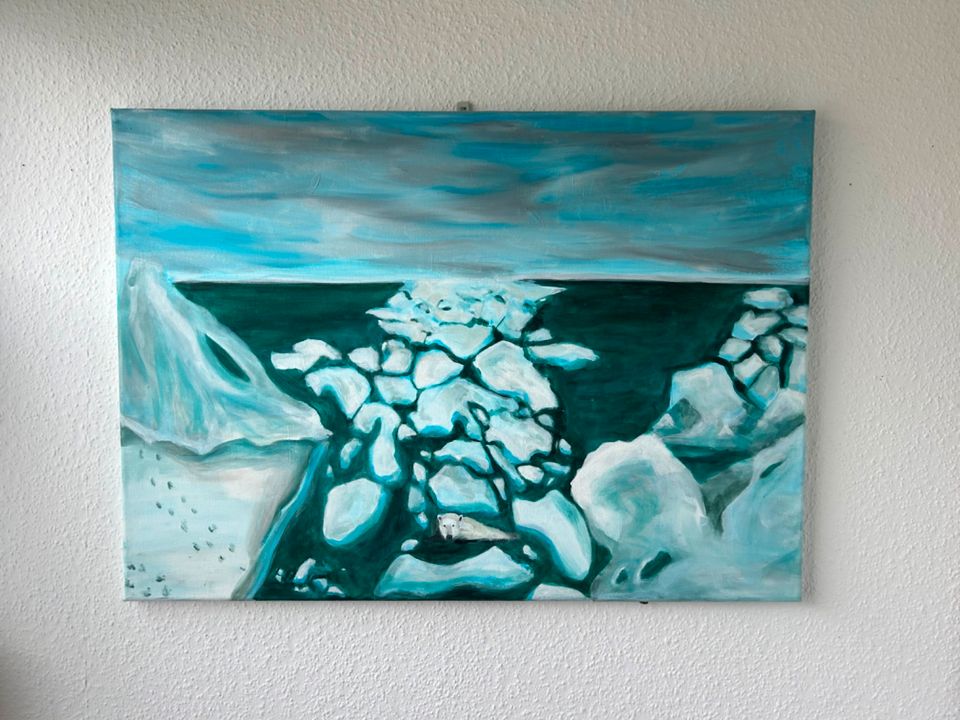 Acryl Gemälde : Leinwand 70x50cm Eisbär in Eisschollen, Eisberg in Wesertal
