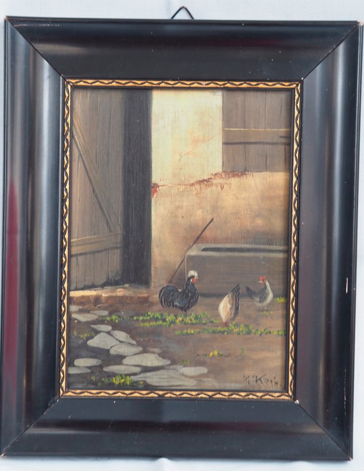 Gemälde Hühner im Stall, Schwarz, alter Rahmen in Wiesbaden
