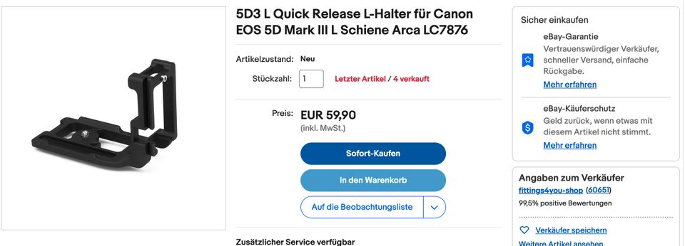 L-Winkel L-Halter Stativplatte f Canon EOS 5D Mark III 5D3 5DSR in Uslar