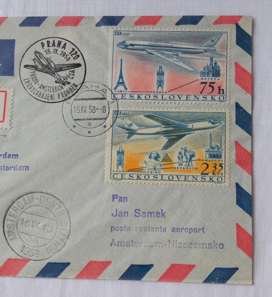 1958 Tschechoslowakei "Praha-Amsterdam" R-Brief Luftpost Reco-Bri in Velbert