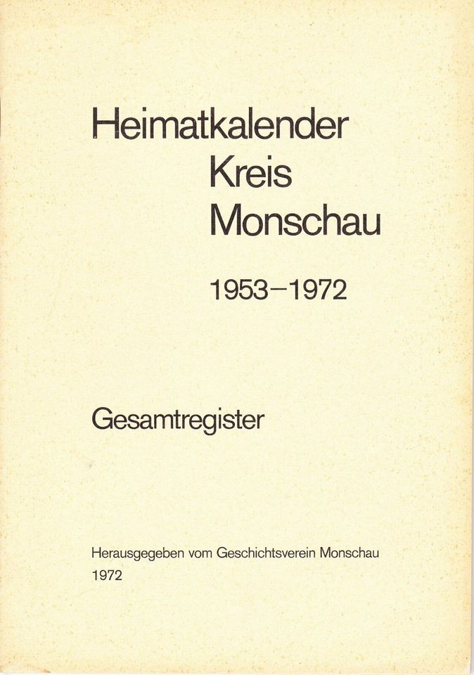 Heimatkalender Kreis Monschau 1953 - 1972, Gesamtregister in Simmerath