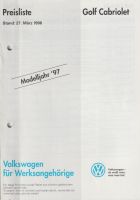 Prospekt Preisliste VW Volkswagen Golf Cabriolet Cabrio 3/1996 Niedersachsen - Calberlah Vorschau