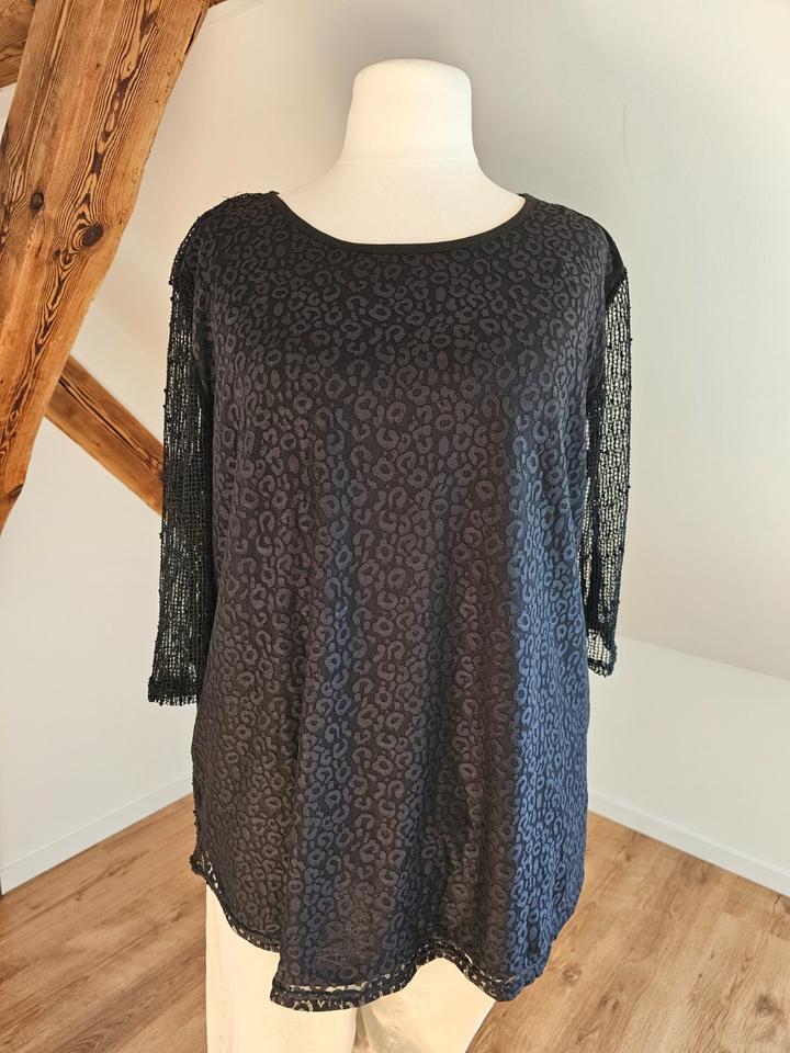 Shirt Bluse Gr. 52 / 54 schwarz Netz Spitze Leoprint Janina in Spremberg