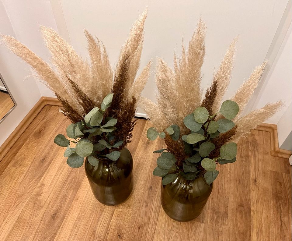 2x Boden-Vase Glas grün Pampas Gras +Eukalyptus Hochzeit Deko in Düsseldorf