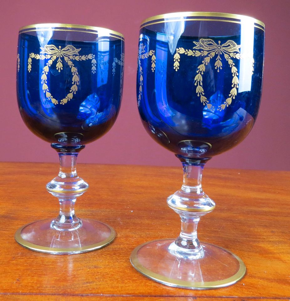 2 Gläser Weinglas Blau mit Goldrand Ähren Antik Vintage um 1900 in Überherrn