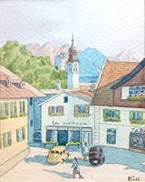 Aquarell Sonthofen Marktplatz Ordensburg Kirche Geschäfte Bayern - Sonthofen Vorschau