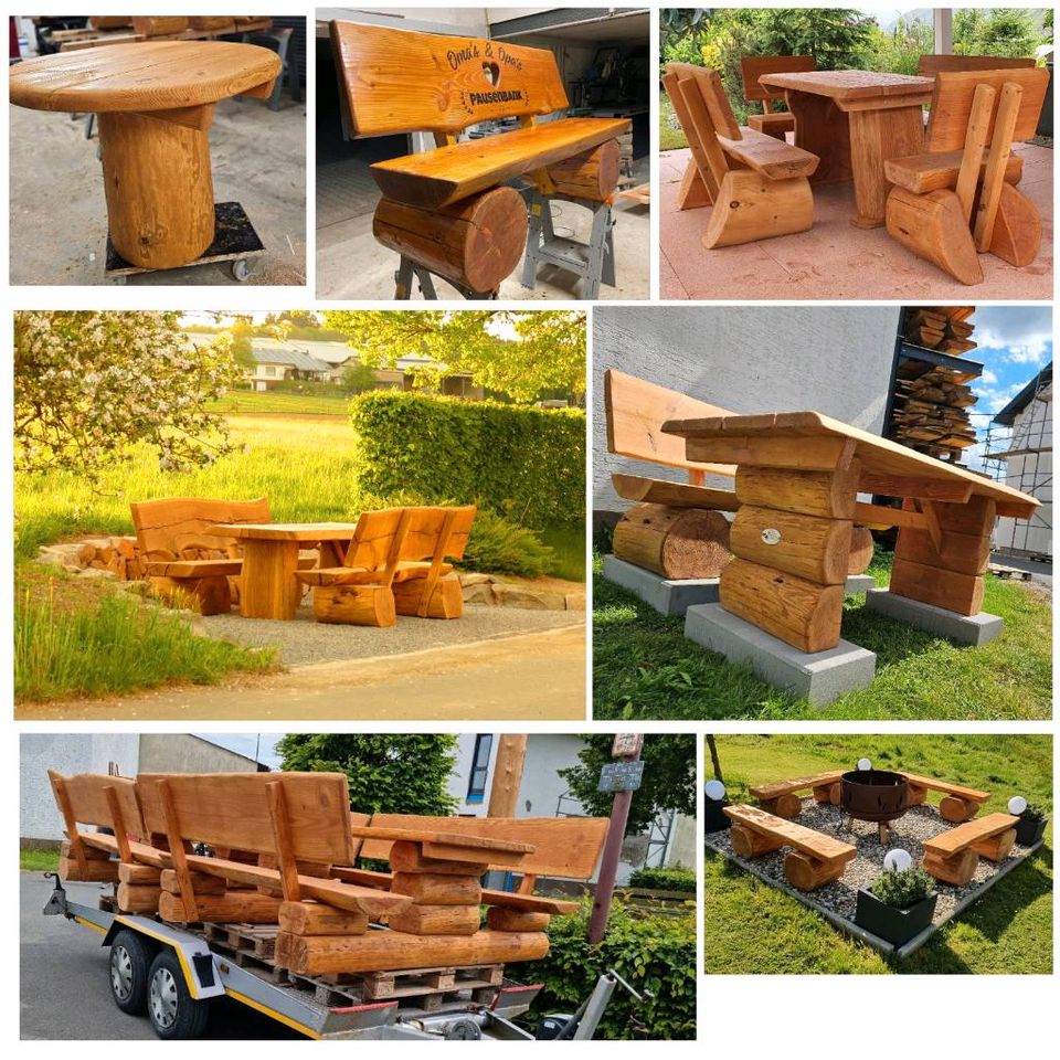 !!! TOP !!! HolzKreativ Holzbank Bank Massivholz Baumstamm Gartenbank Handarbeit Naturholz Rustikal Einzigartige Individuelle Sitzgarnitur Handmade mit Gravur Lasur Personalierung !!! TOP !!! in Hörscheid