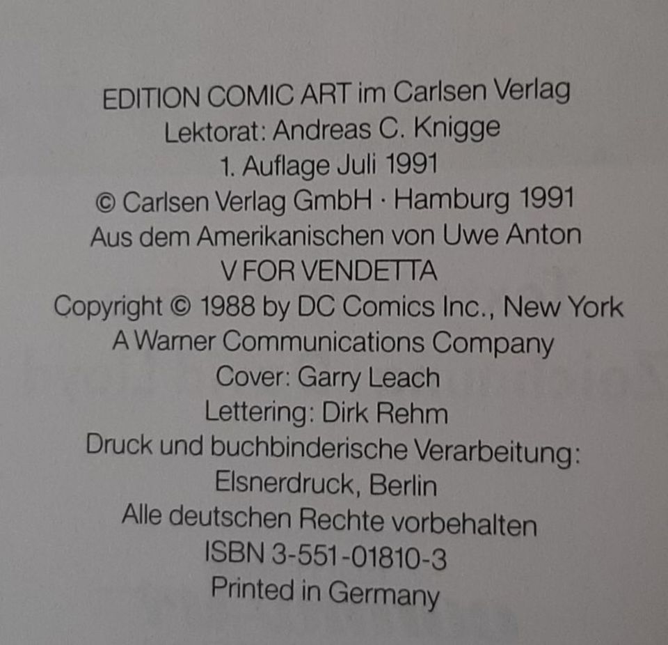 WIE VENDETTA 6: DER ROSENZUG, comicArt, 1. Auflage 1991 in Altenbeken