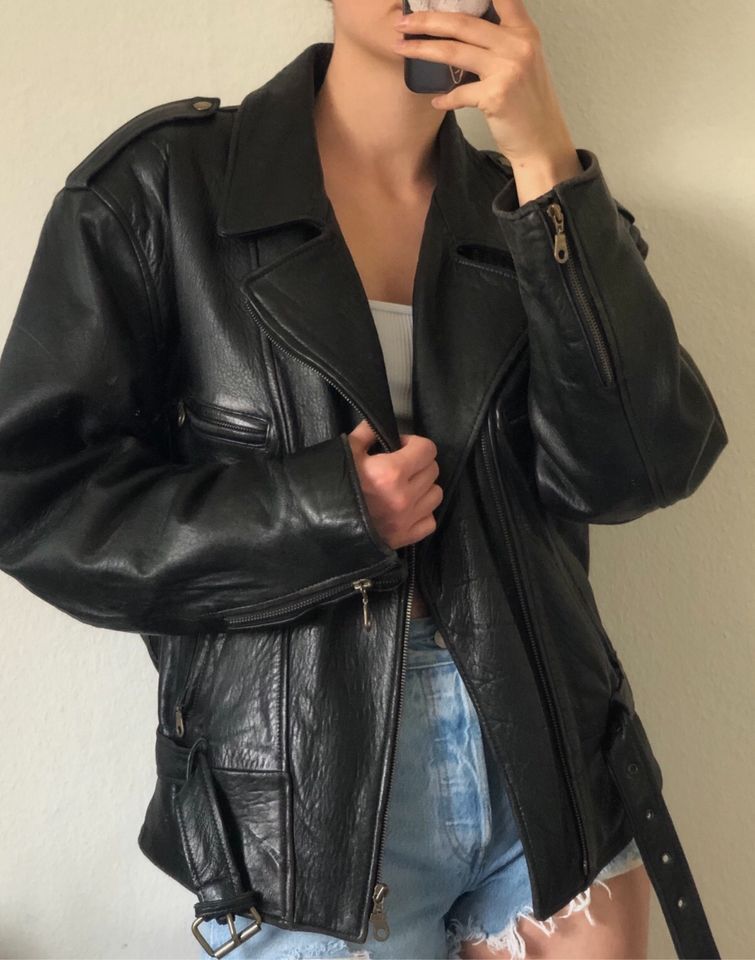 Vintage Lederjacke in Größe 50(M) Bikerjacke echtes Leder Schwarz in Stuttgart