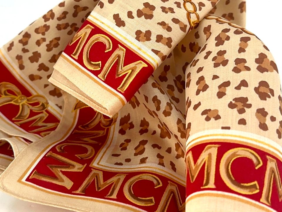 MCM Bandana Tuch Damen Schal LeoPrint Baumwolle Creme Gold Rot in Schleswig