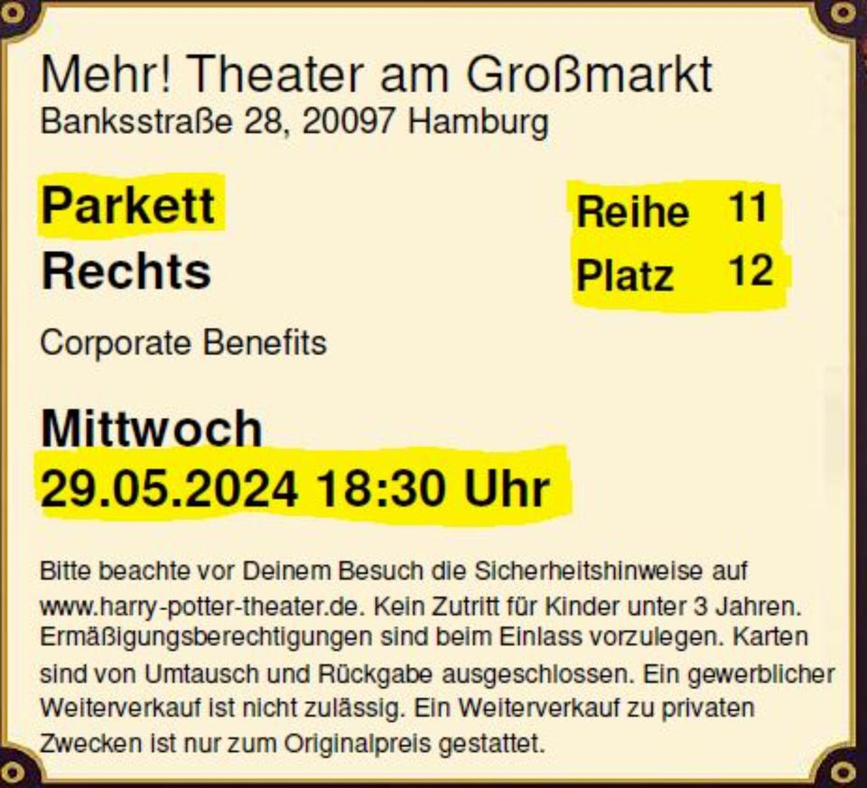 2 x Harry Potter und das verwunschene Kind - Hamburg 29.05.24 in München