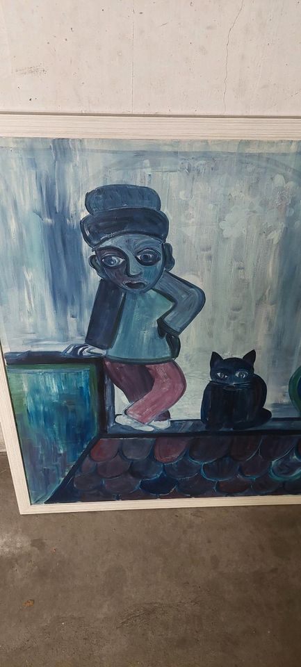 Öl-Gemälde bzw Öl-Bild Werner Hansche Blaue Katze auf dem Dach in Ludwigshafen