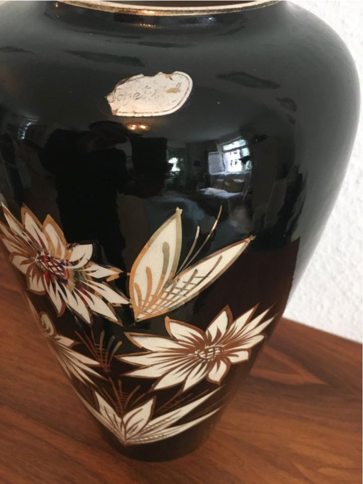 Scheurich Bodenvase Mid Century 39 cm schwarz creme gold Blumen in Berlin