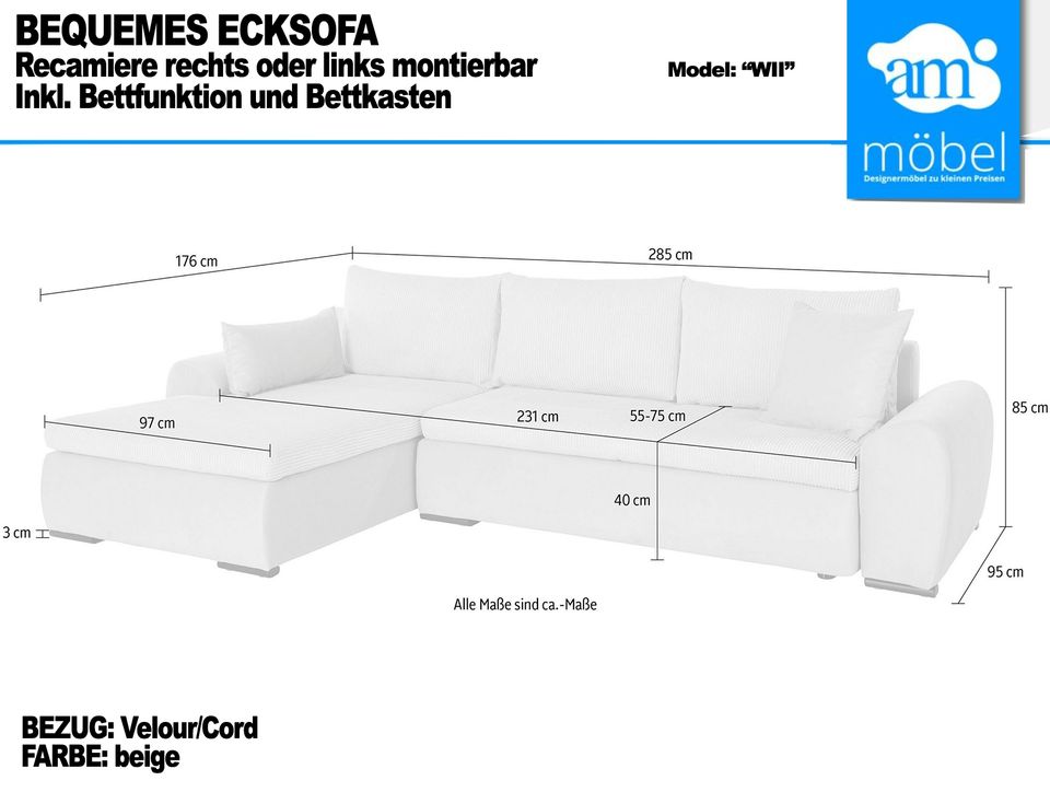 Sofa Couch Wohnlandschaft L Form Bettfunktion/Bettkasten beige in Bremen