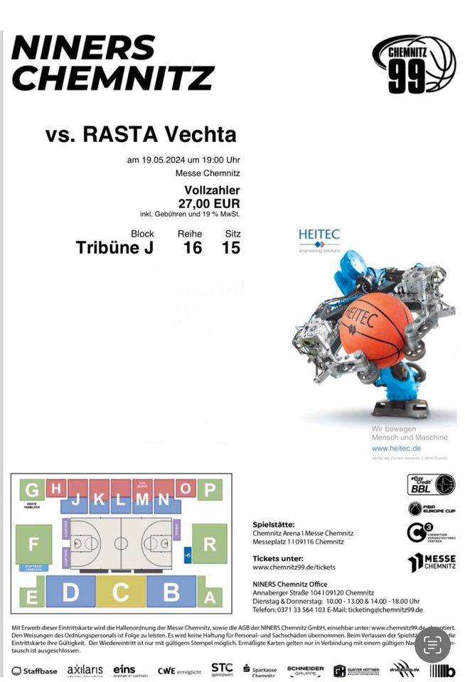 Niners Tickets 3 Stück 19.05.24 vs. Vechta in Chemnitz