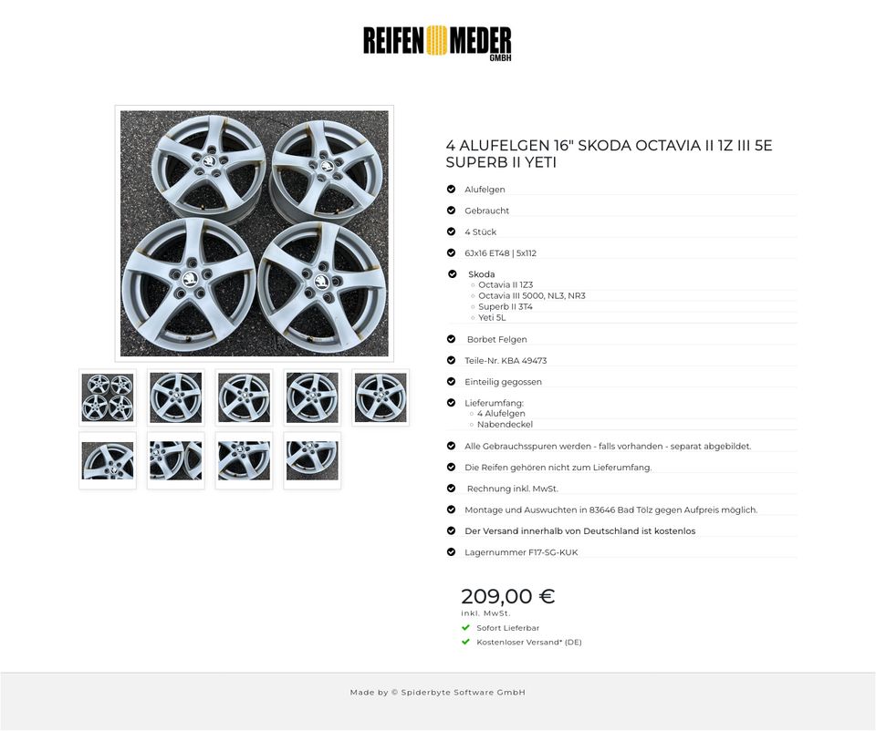 4 ALUFELGEN 16" SKODA OCTAVIA II 1Z III 5E SUPERB II YETI #1E1Z in Bad Tölz