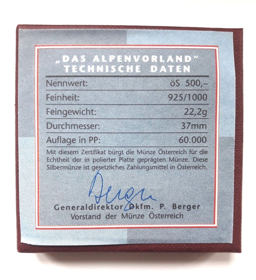 500 Schilling Österreich 1995 Alpenvorland, Zertifikat, Kapsel in München