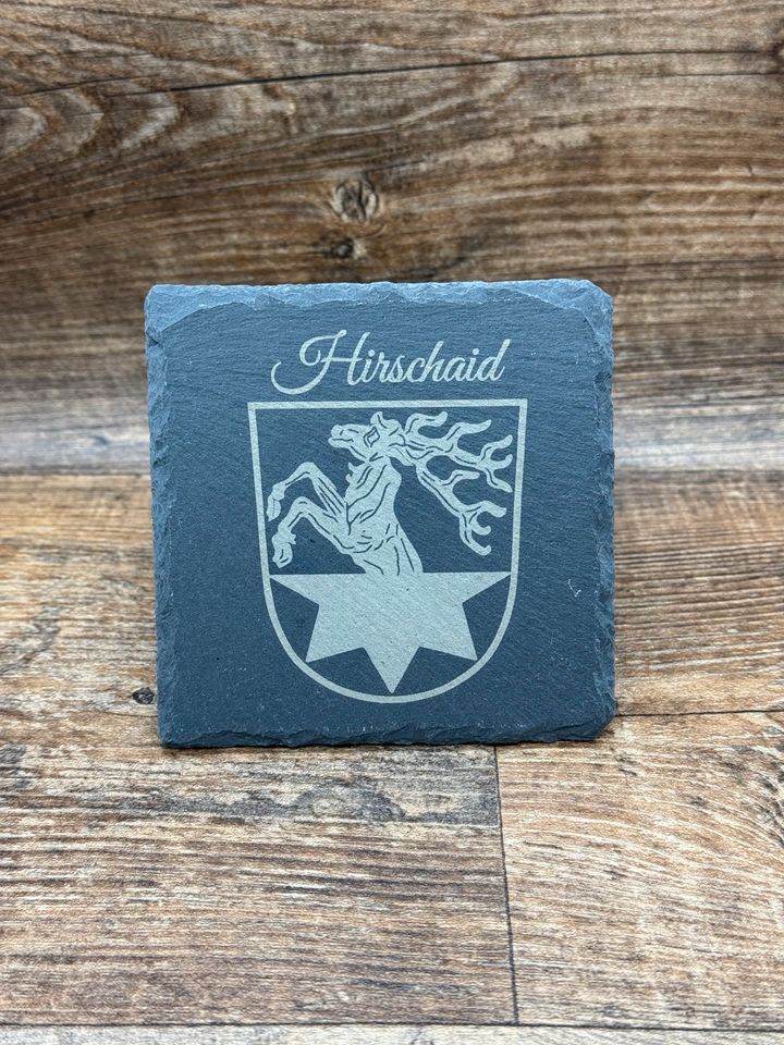 Limitierte Schieferuntersetzer mit Wappen Hirschaid in Hirschaid