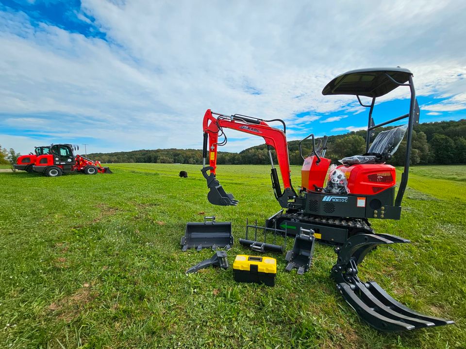 Bagger, Minibagger, 1 t Gesamtgewicht, Knickarm, inklusive GRATIS SCHAUFELPAKET, Microbagger, klappbares Dach, SOFORT VERFÜGBAR, Lieferung möglich in Oberthulba