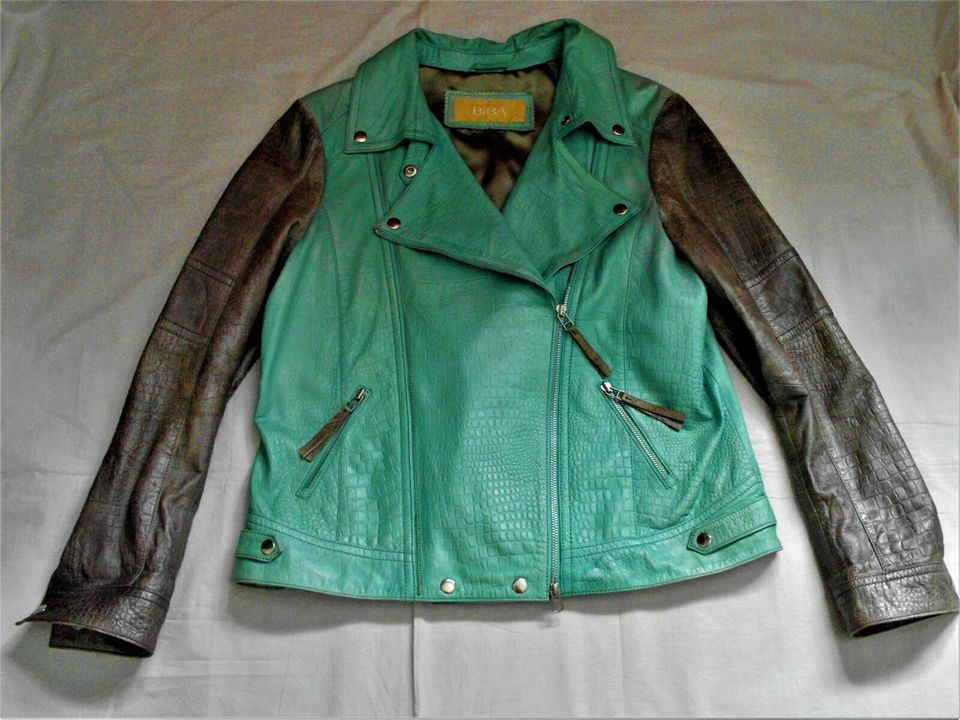 edle BIBA Leder Jacke Lederjacke Gr. 42/44 NEU grün/grau in Jüterbog