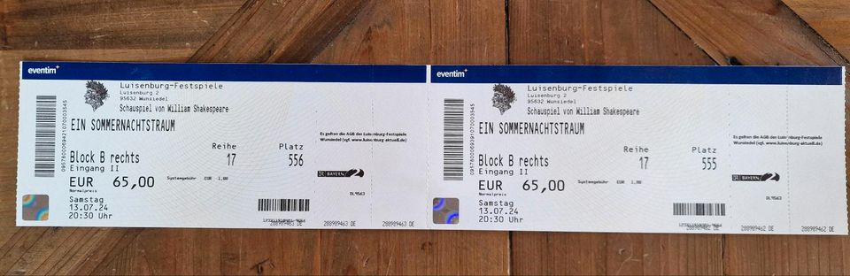 Luisenburg-Festspiele 2 Tickets, Ein Sommernachtstraum, 13.07.24 in Bayreuth