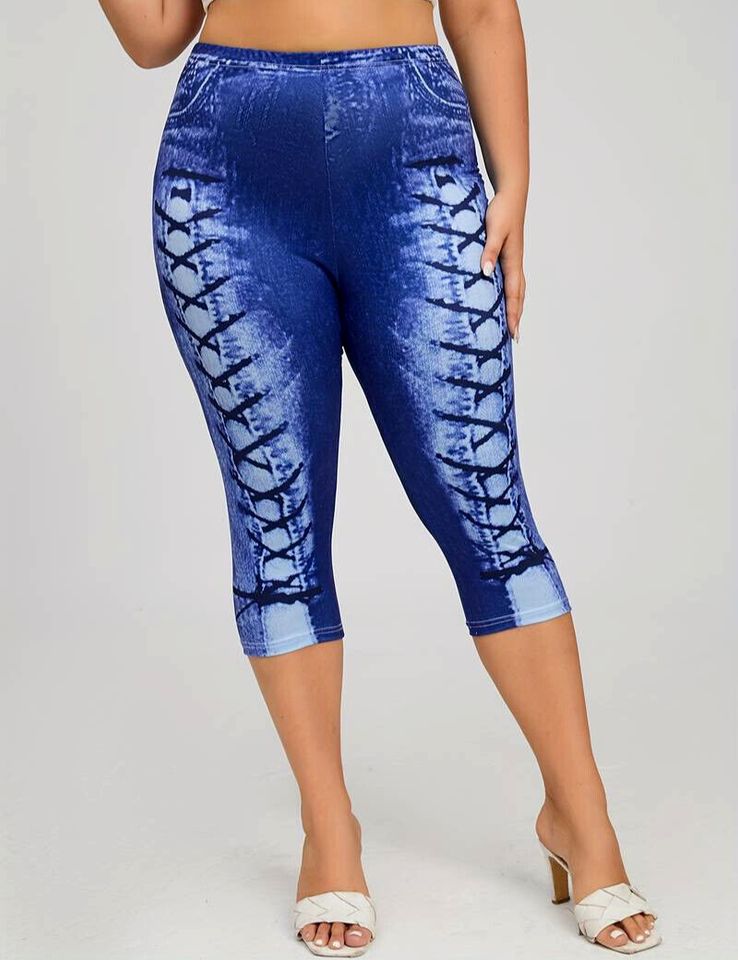 Capri-Leggings mit Plus-Denim-Print für Damen Gr. 50 in Eislingen (Fils)