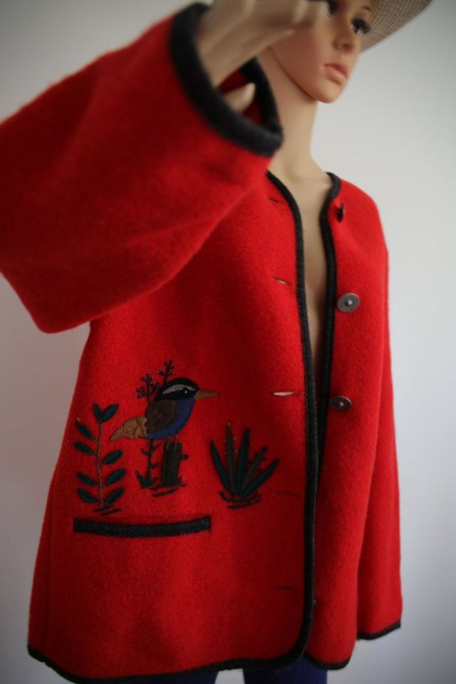 Vintage Trachtenjacke rot Blumen vögel muster Stickerei Gr. D40 in Weingarten