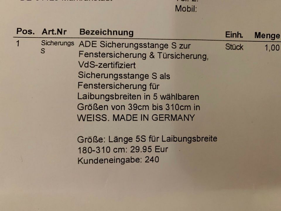 Sicherungsstange S für Fenster und Türen in Markranstädt