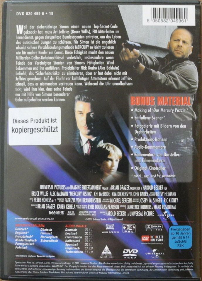 Das Mercury Puzzle, DVD mit Bruce Willis und Alec Baldwin in Schwarzach am Main