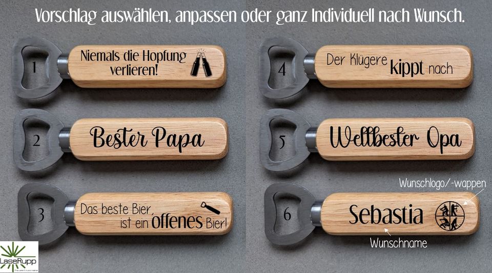 Flaschenöffner Holz personalisiert, Bieröffner -Gravur beidseitig in Langerringen